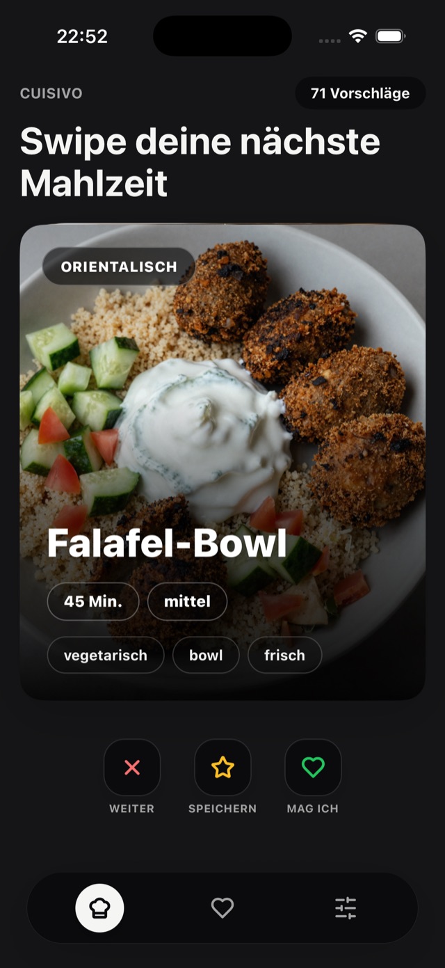 Cuisivo App – Swipe-Screen