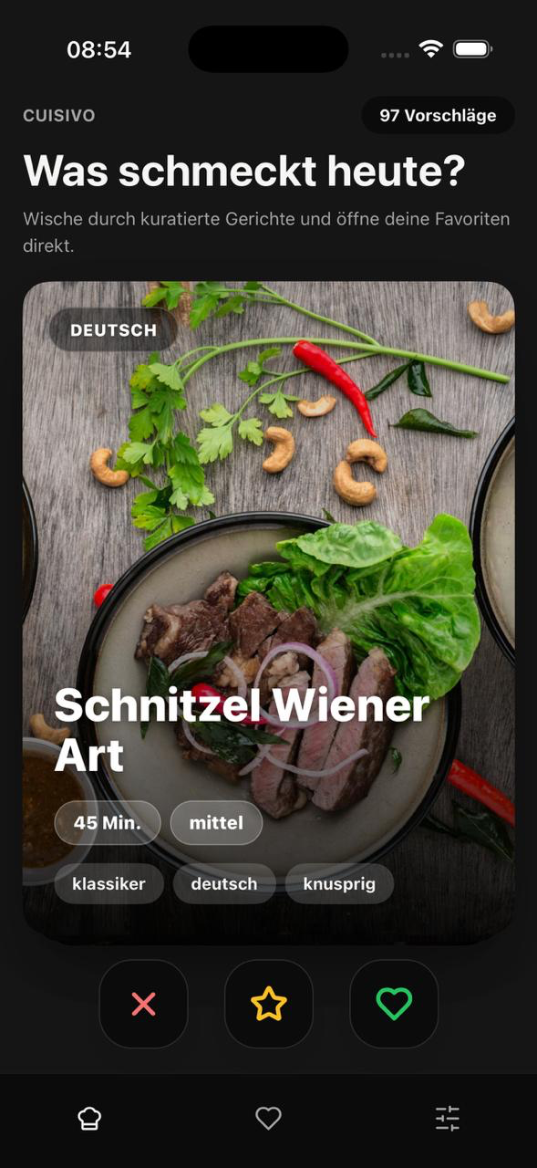 Cuisivo App – Swipe-Screen